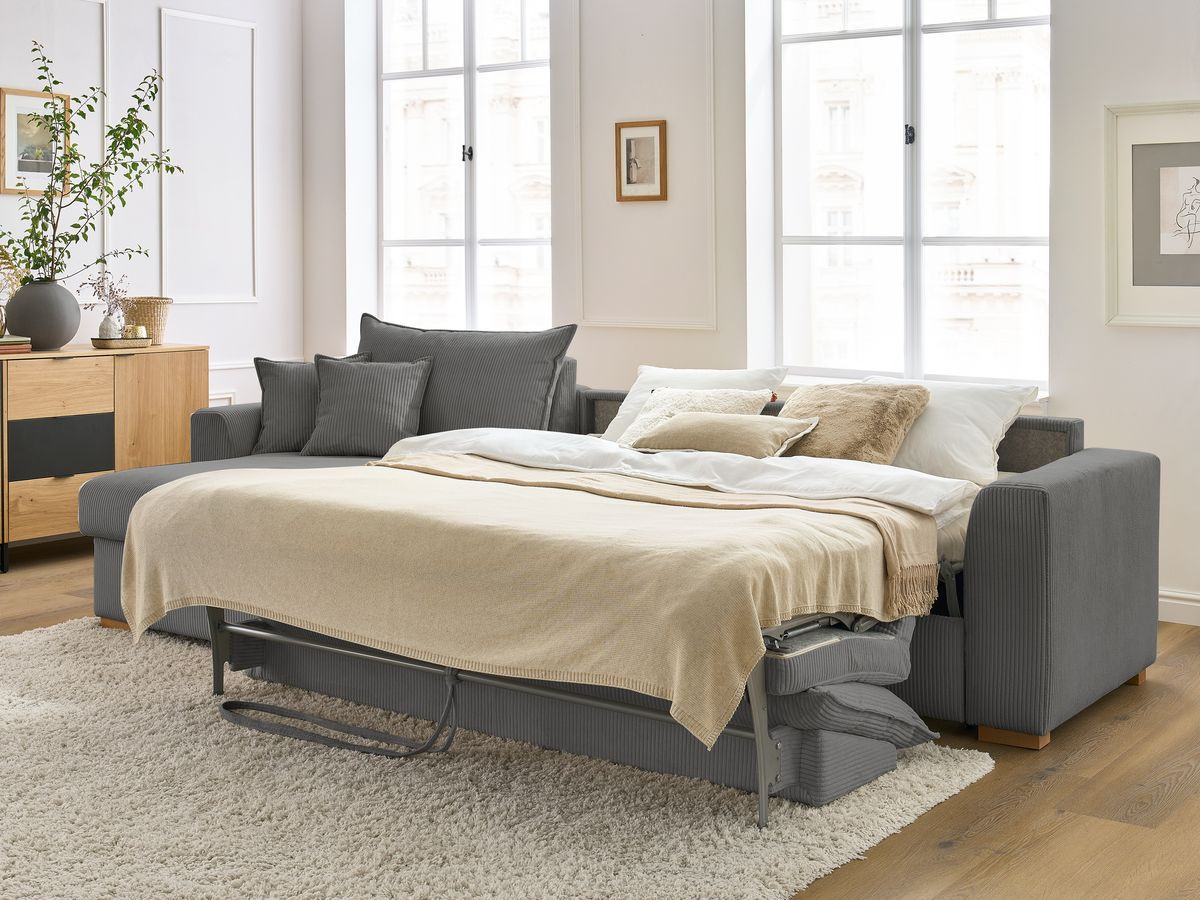 Bobochic Augustin Ecksofa mit Schlaffunktion und Bettkasten Cordsamt Dunkelgrau, Liegefläche 140 × 200 cm