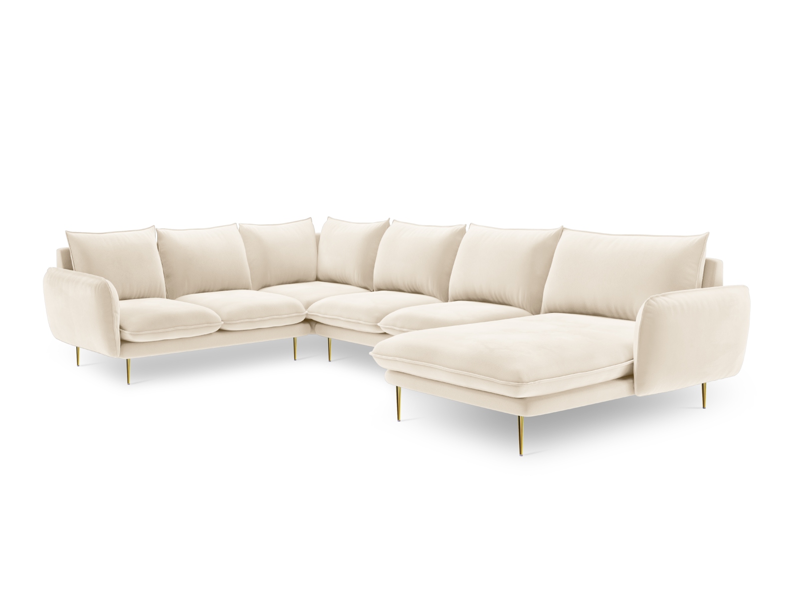 Cosmopolitan Design Panoramasofa Vienna 7-Sitzer Samt Bluvel Helles Beige Links Beine Gold