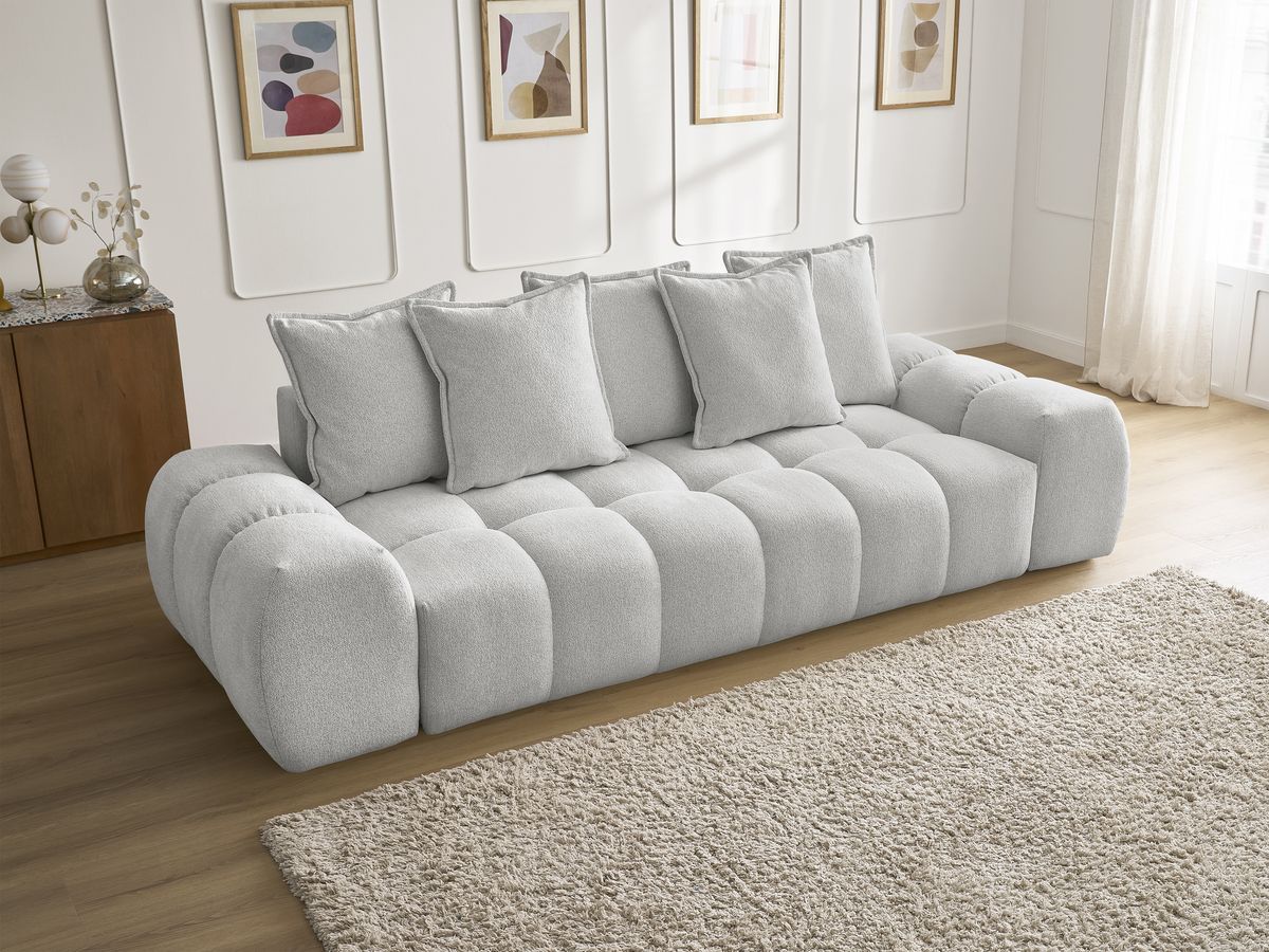 Bobochic Everest Sofa 3-Sitzer, 5 Kissen Melange-Stoff Hellgrau