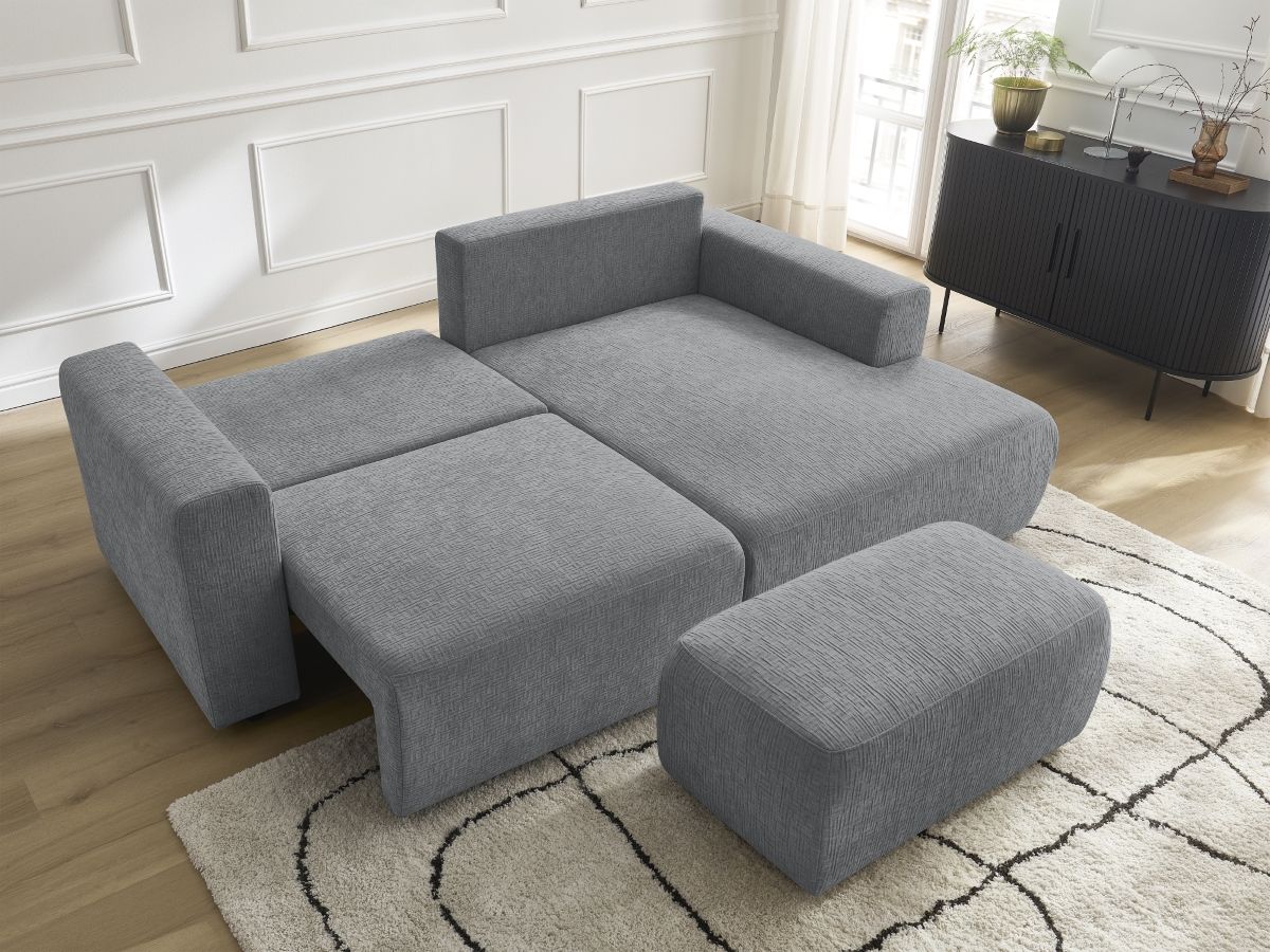 Bobochic Atilla Ecksofa mit Schlaffunktion und Bettkasten und Pouf Strukturstoff Dunkelgrau Ecke rechts