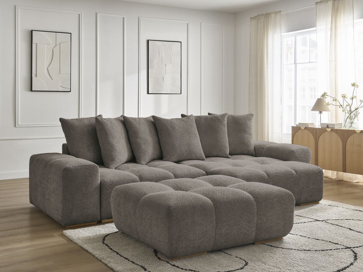 Bobochic Anakin Ecksofa mit Pouf, 6 Kissen Bouclé-Stoff Braun