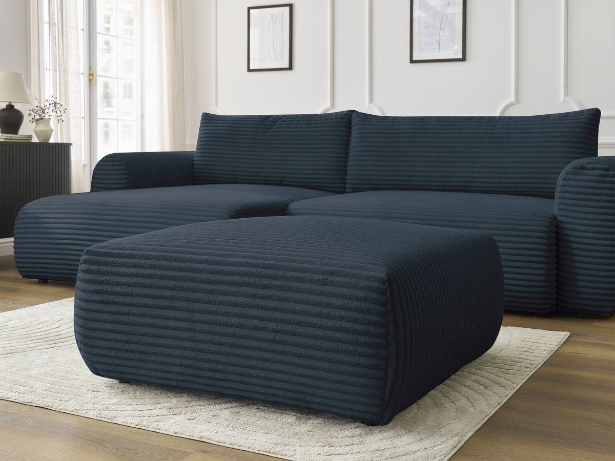 Bobochic Lucien Ecksofa mit Schlaffunktion und Bettkasten und Pouf 314 × 167 cm Breitcord weich Dunkelblau Ecke links