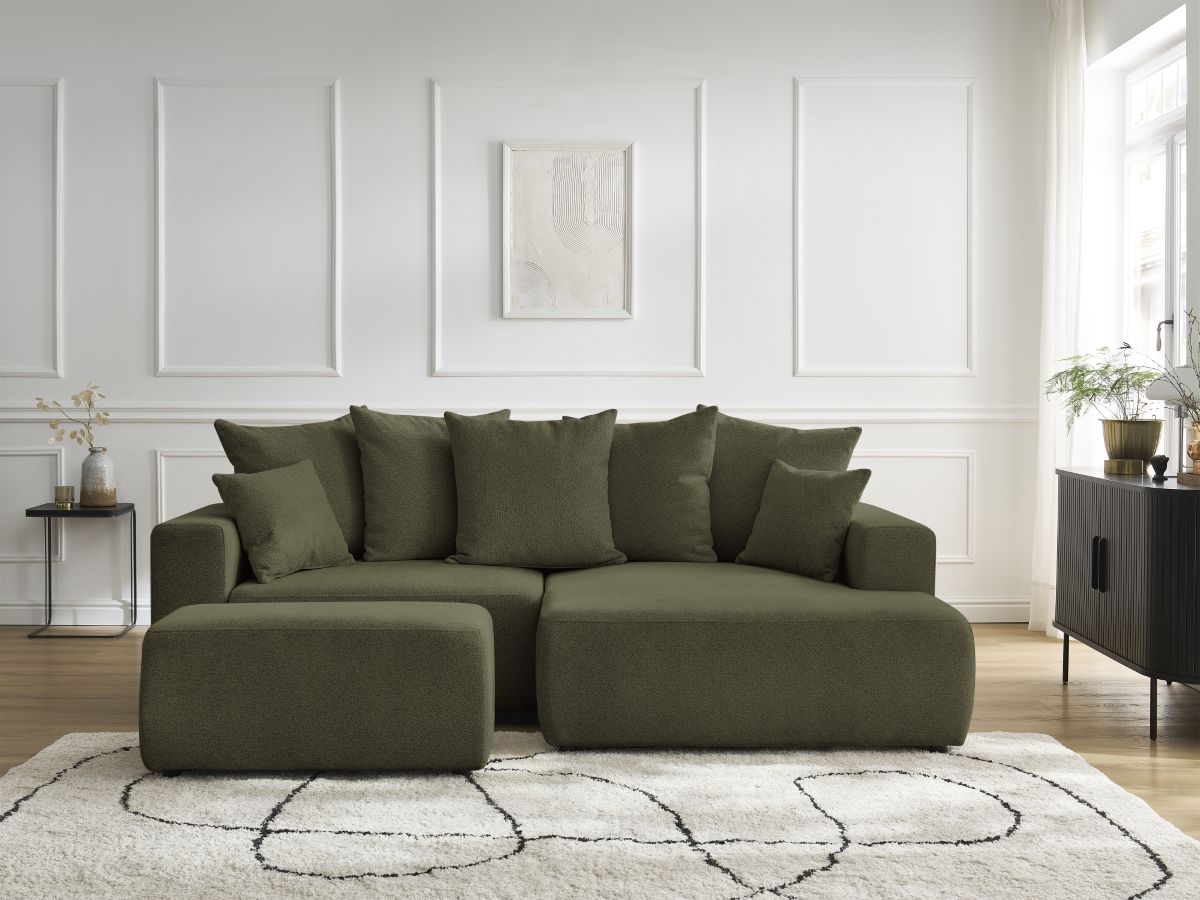 Bobochic Atilla Ecksofa mit Schlaffunktion und Bettkasten und Pouf Melange-Stoff Grün Ecke rechts