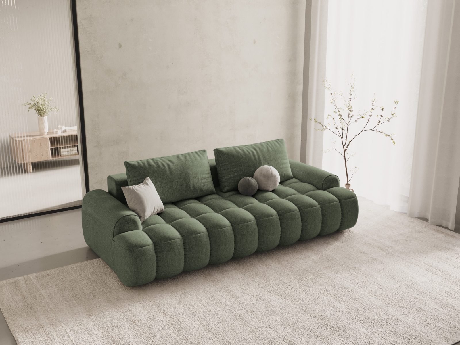 Cosmopolitan Design Schlafsofa Linz 4-Sitzer mit Bettkasten Strukturierter Stoff Sorella Dunkles Olivgrün