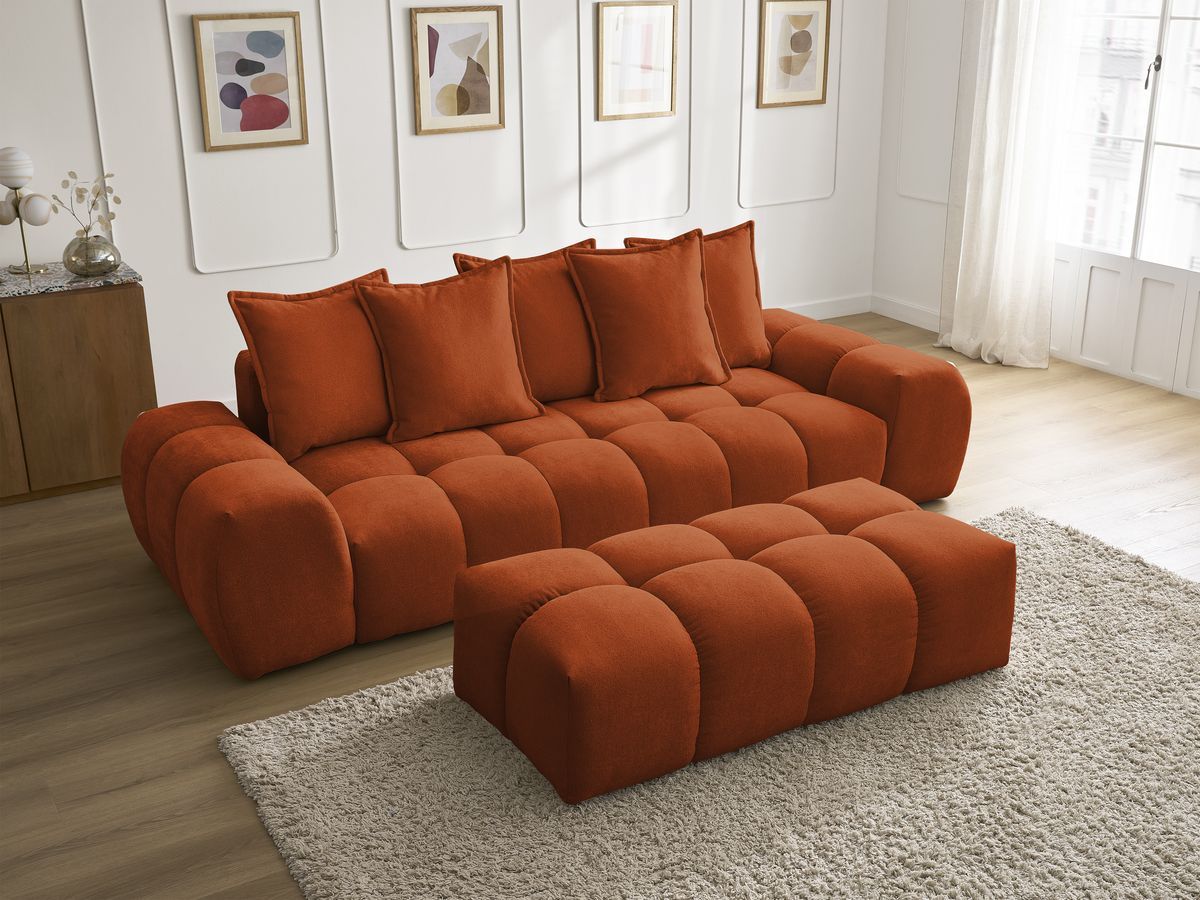 Bobochic Everest Sofa 3-Sitzer mit Pouf, 5 Kissen Strukturstoff Orange