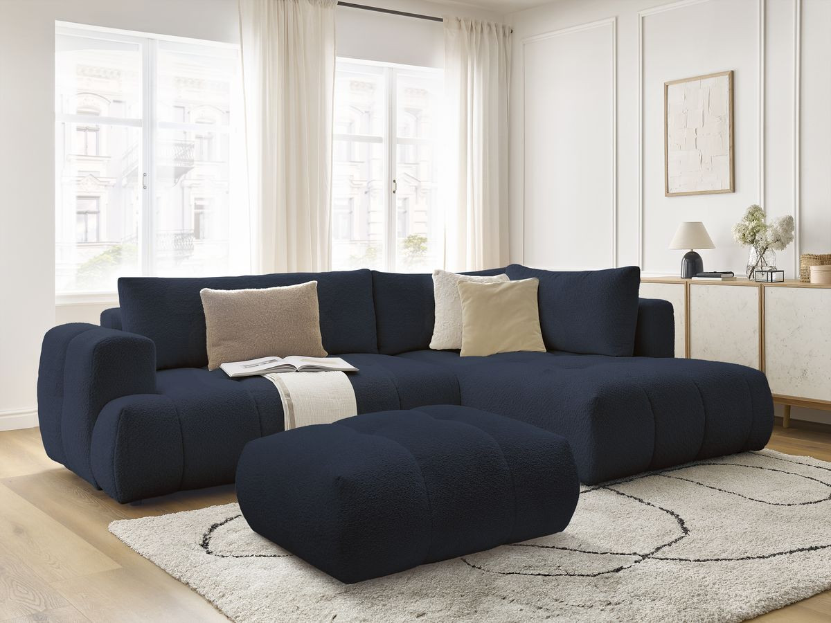 Bobochic Fuji Ecksofa mit Schlaffunktion und Bettkasten und Pouf 282 × 204 cm Bouclé-Stoff Dunkelblau Ecke rechts