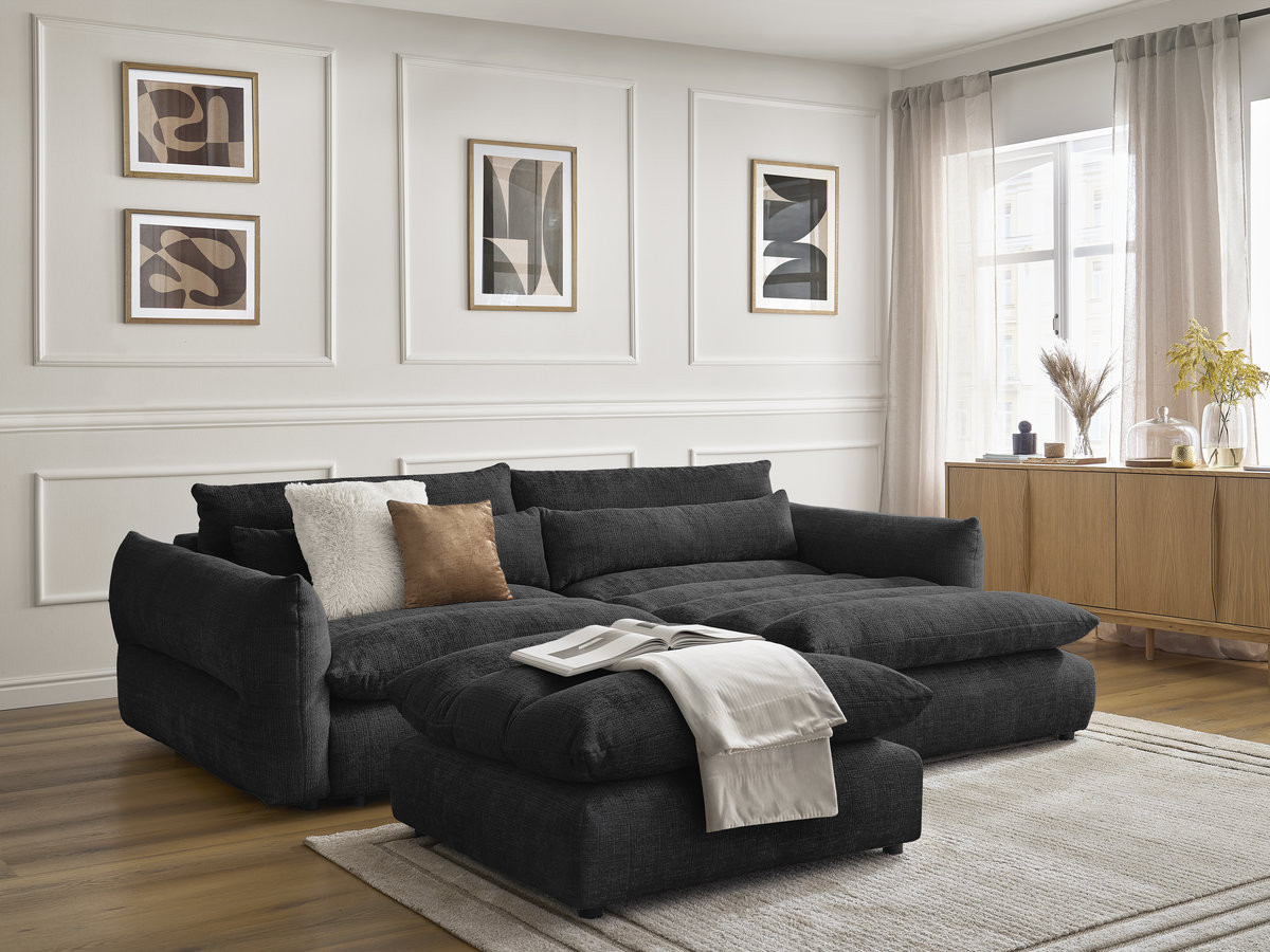 Bobochic Neil Ecksofa mit Pouf Strukturstoff Schwarz Ecke rechts