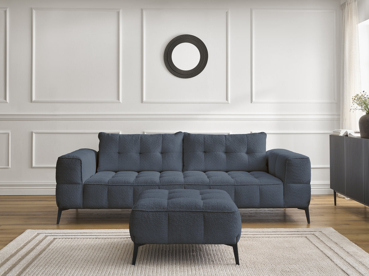 Bobochic Anis Sofa 3-Sitzer mit Pouf Bouclé-Stoff Dunkelblau