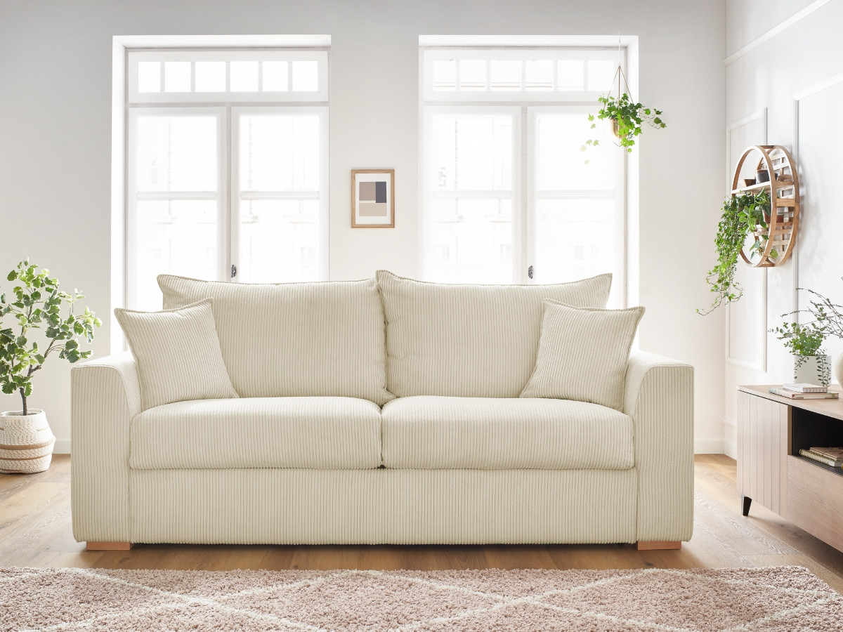 Bobochic Augustin Schlafsofa 3-Sitzer Cordsamt Beige, Liegefläche 140 × 200 cm