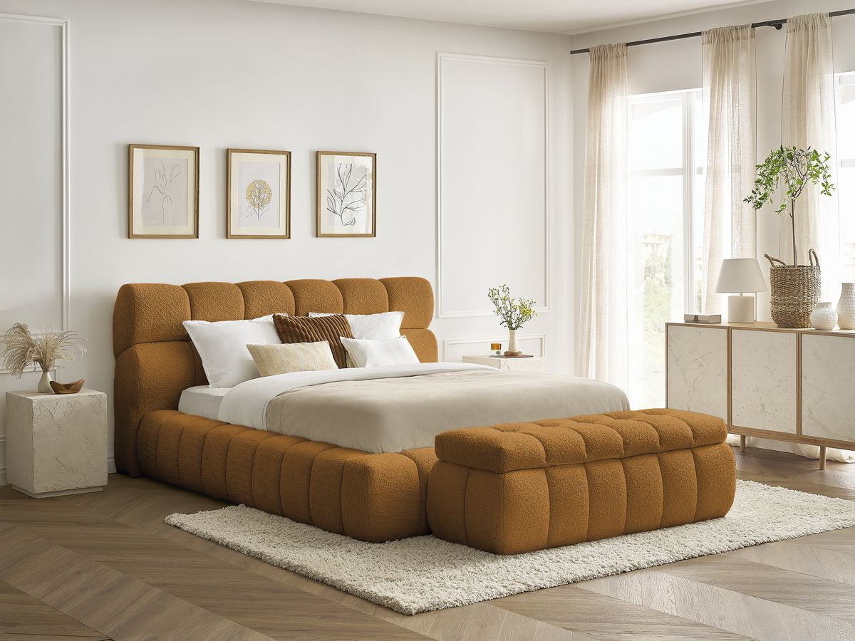 Bobochic Mont-blanc Polsterbett mit Bettkasten mit Bettbank Bouclé-Stoff Gelb, Liegefläche 160 × 200 cm