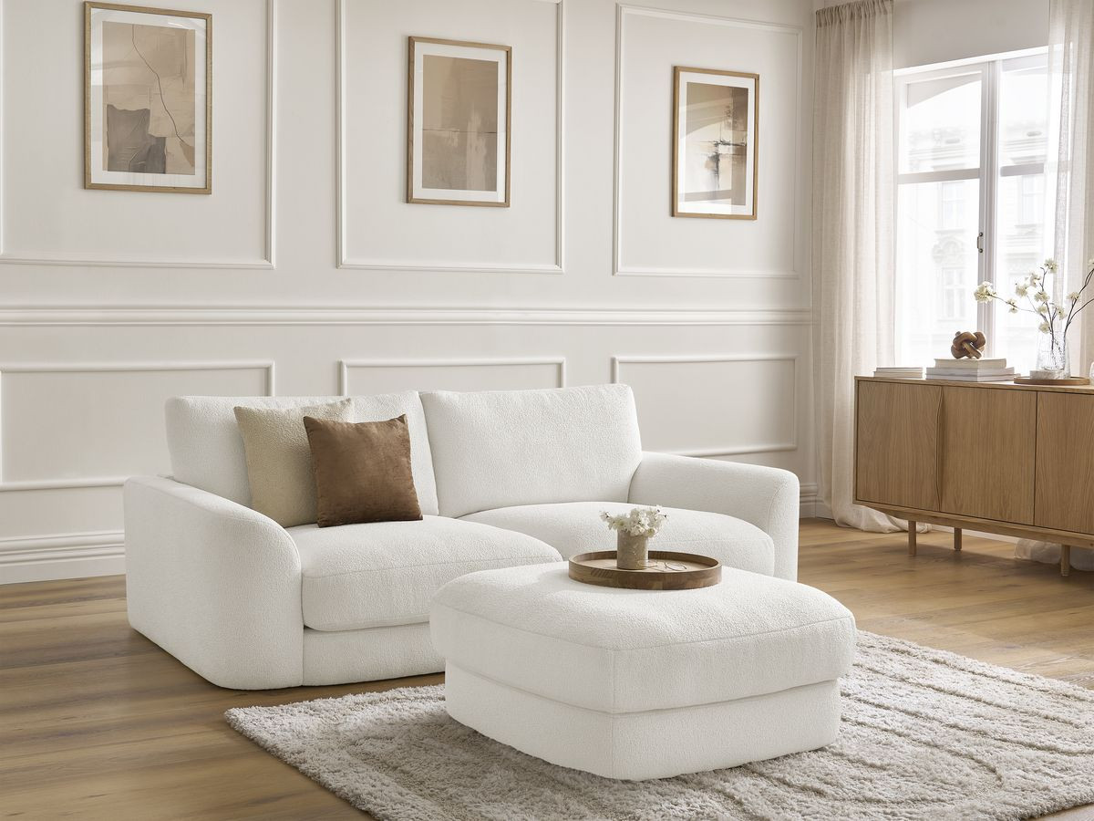 Bobochic Leonore Sofa 3-Sitzer mit Pouf Bouclé-Stoff Weiß