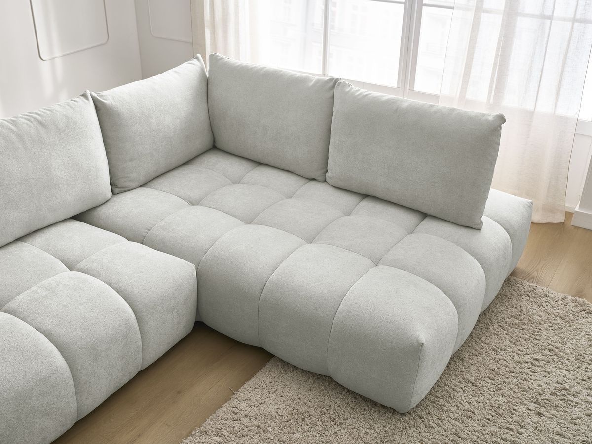 Bobochic Everest Ecksofa mit Schlaffunktion und Bettkasten 320 × 212 cm, 5 Kissen Strukturstoff Hellgrau Ecke rechts