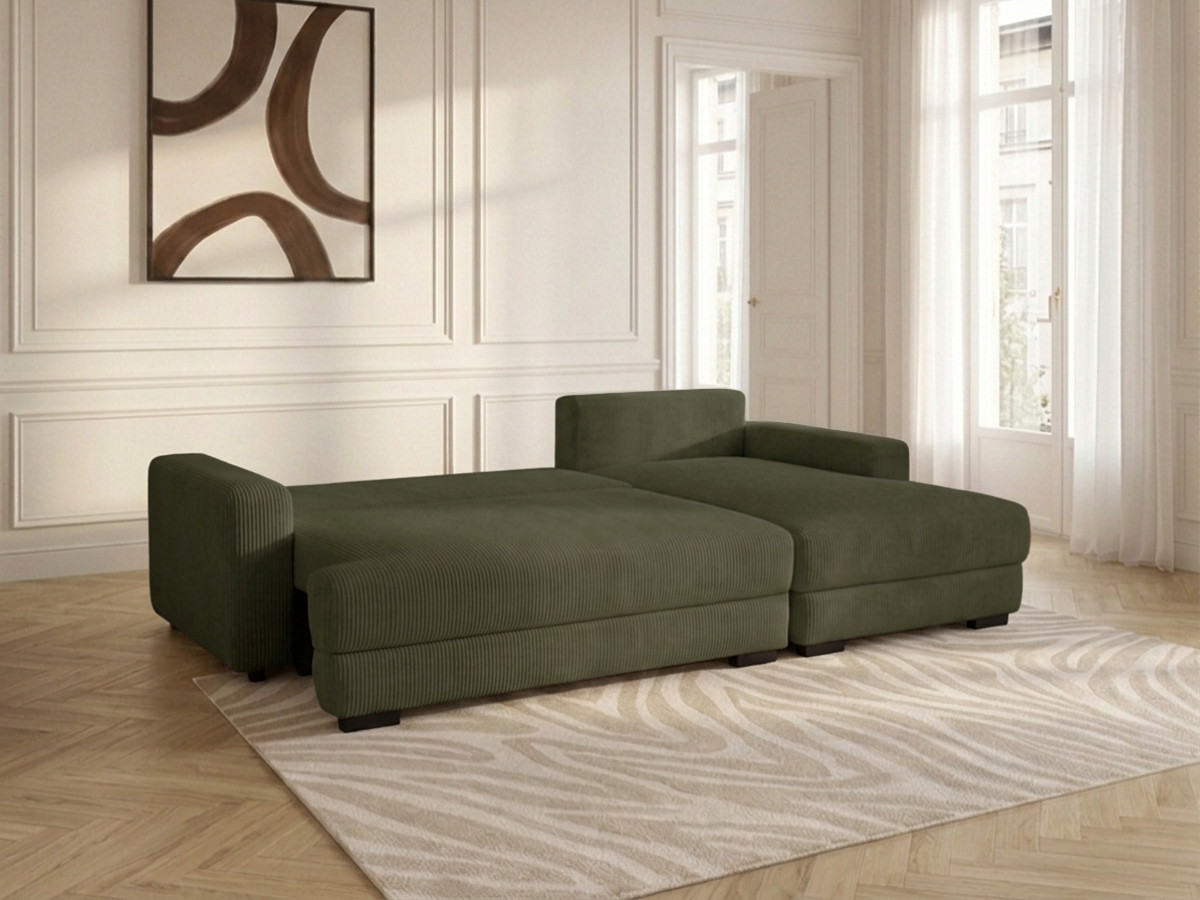 Bobochic Campi Ecksofa mit Schlaffunktion und Bettkasten Cordsamt Grün Ecke rechts