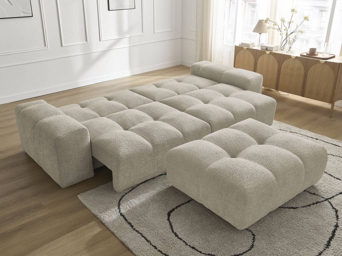 Bobochic Anakin Schlafsofa 3-Sitzer mit Bettkasten und Pouf, 2 Kissen Bouclé-Stoff Beige
