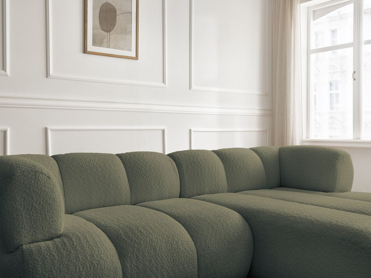 Bobochic Pamira Ecksofa mit Pouf Bouclé-Stoff Grün Ecke rechts