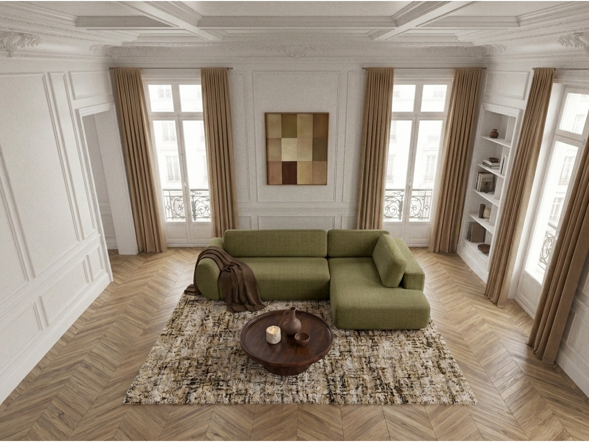 Bobochic Denise Ecksofa mit Schlaffunktion und Bettkasten 256 × 197 cm Strukturstoff Grün Ecke rechts