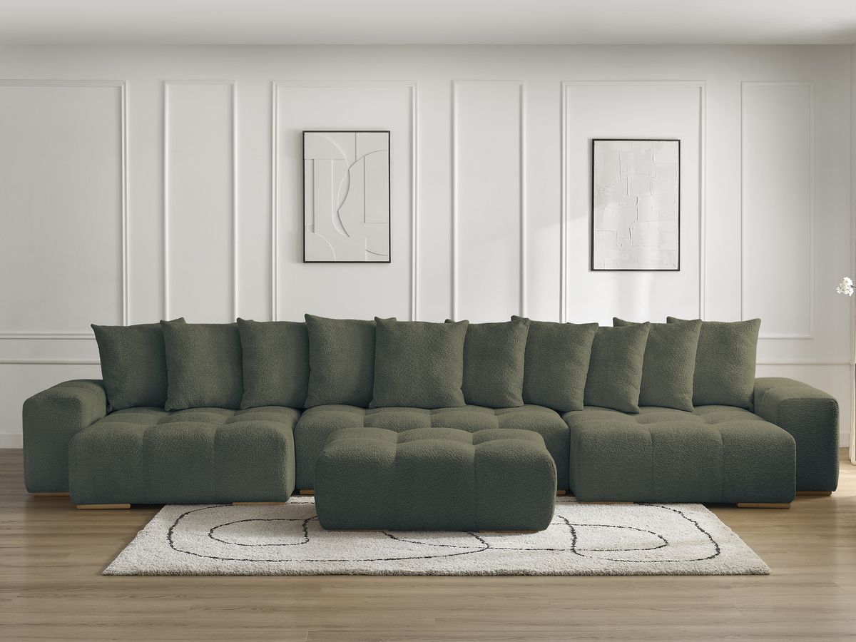 Bobochic Anakin Wohnlandschaft mit Pouf, Liegefläche 137 × 382 cm, 10 Kissen Bouclé-Stoff Grün