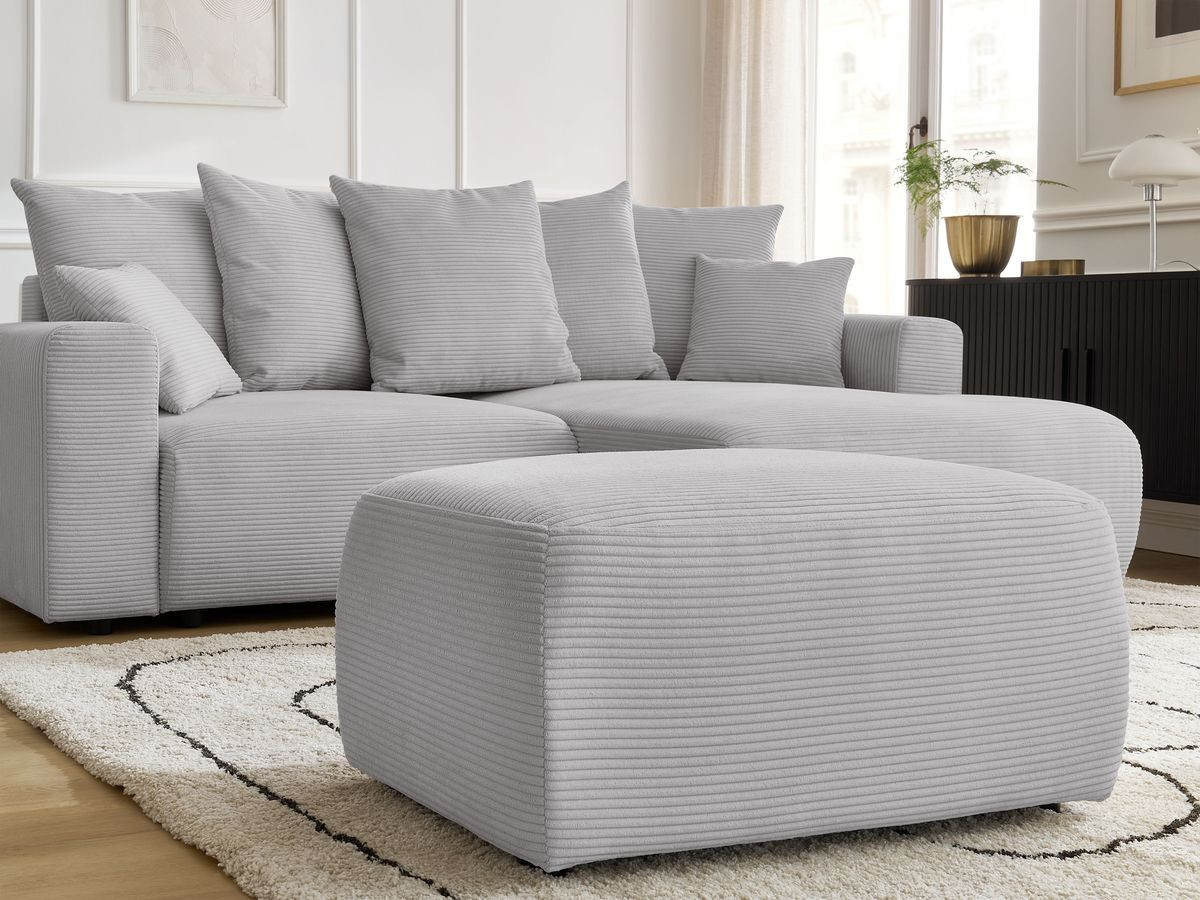 Bobochic Atilla Ecksofa mit Schlaffunktion und Bettkasten und Pouf Cordsamt Hellgrau Ecke rechts