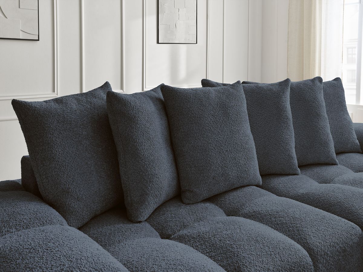 Bobochic Anakin Schlafsofa 3-Sitzer mit Bettkasten und Pouf, 6 Kissen Bouclé-Stoff Dunkelblau