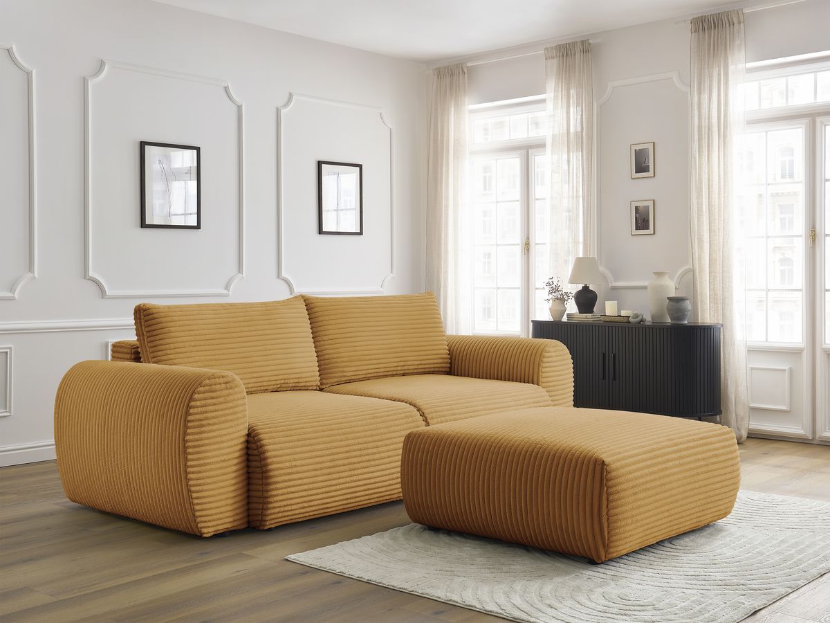Bobochic Lucien Schlafsofa 4-Sitzer mit Bettkasten und Pouf Breitcord weich Gelb