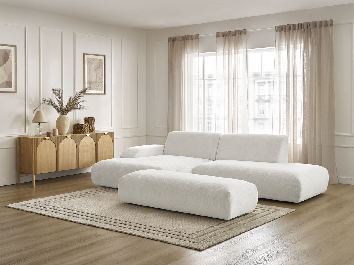 Bobochic Sirius Ecksofa mit Pouf 300 × 170 cm Strukturstoff Weiß Ecke links