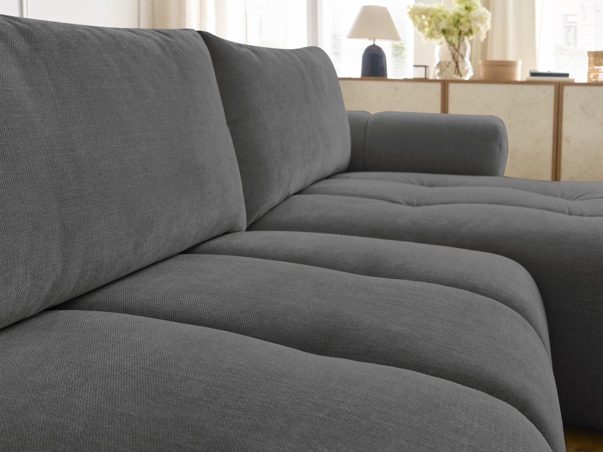 Bobochic Fuji Ecksofa mit Schlaffunktion und Bettkasten und Pouf 292 × 160 cm Stoff Dunkelgrau Ecke rechts