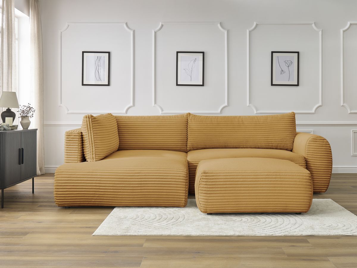 Bobochic Lucien Ecksofa mit Schlaffunktion und Bettkasten und Pouf 296 × 198 cm Breitcord weich Gelb Ecke links