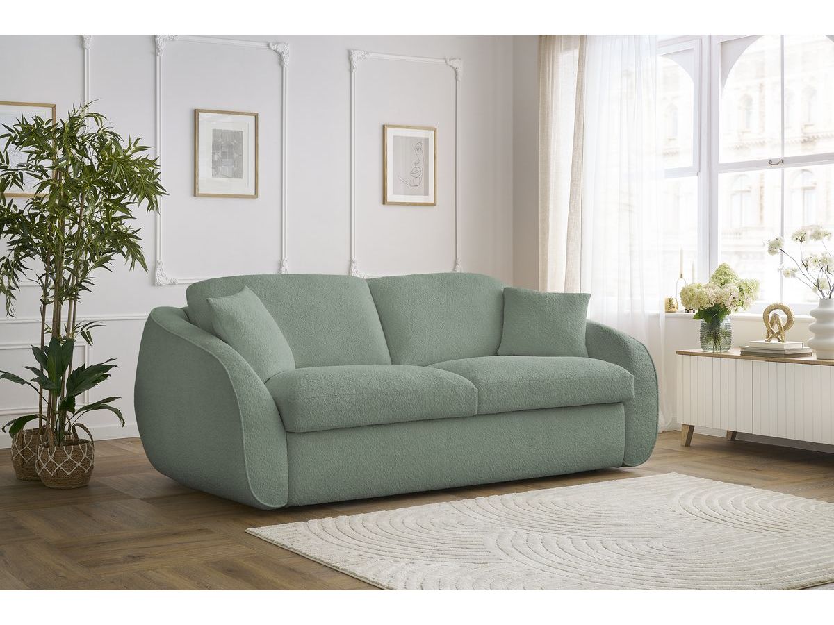 Bobochic Cezanne Schlafsofa 3-Sitzer Bouclé-Stoff Grün, Liegefläche 140 × 194 cm