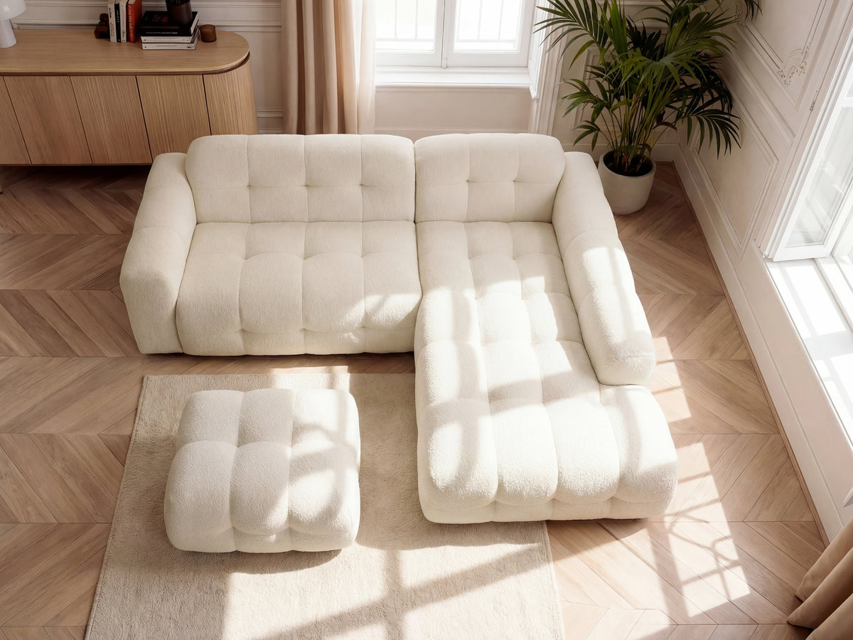 Bobochic Laura Ecksofa mit kleinem Pouf Melange-Stoff Beige Ecke rechts