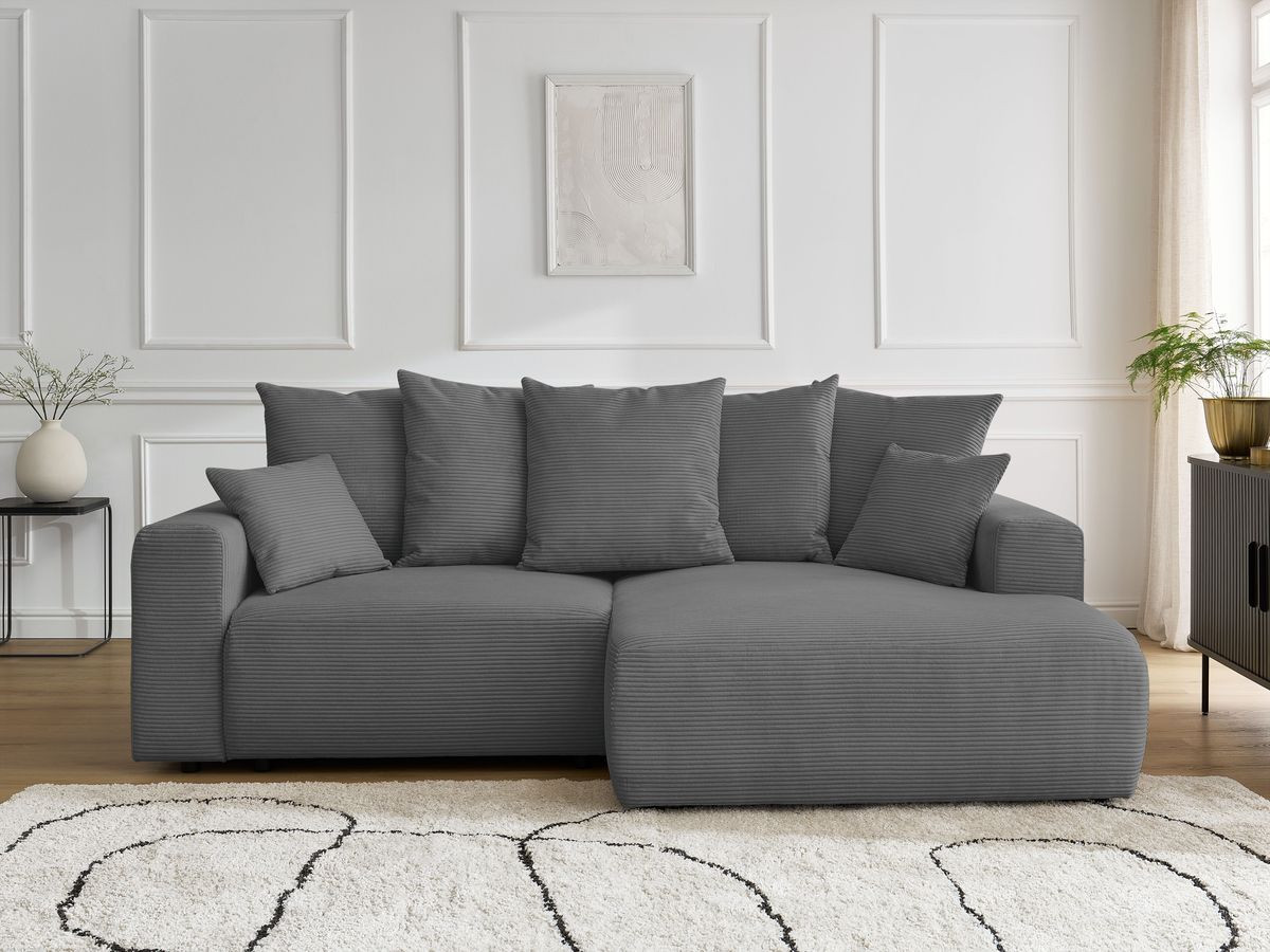 Bobochic Atilla Ecksofa mit Schlaffunktion und Bettkasten Cordsamt Dunkelgrau Ecke rechts