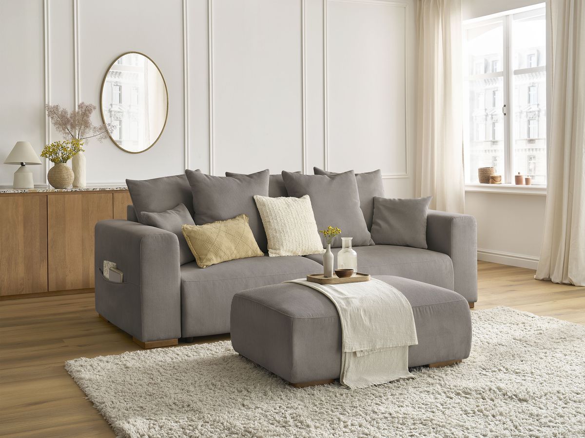 Bobochic Sidonie Schlafsofa 4-Sitzer mit Bettkasten und Pouf Cordsamt Taupe