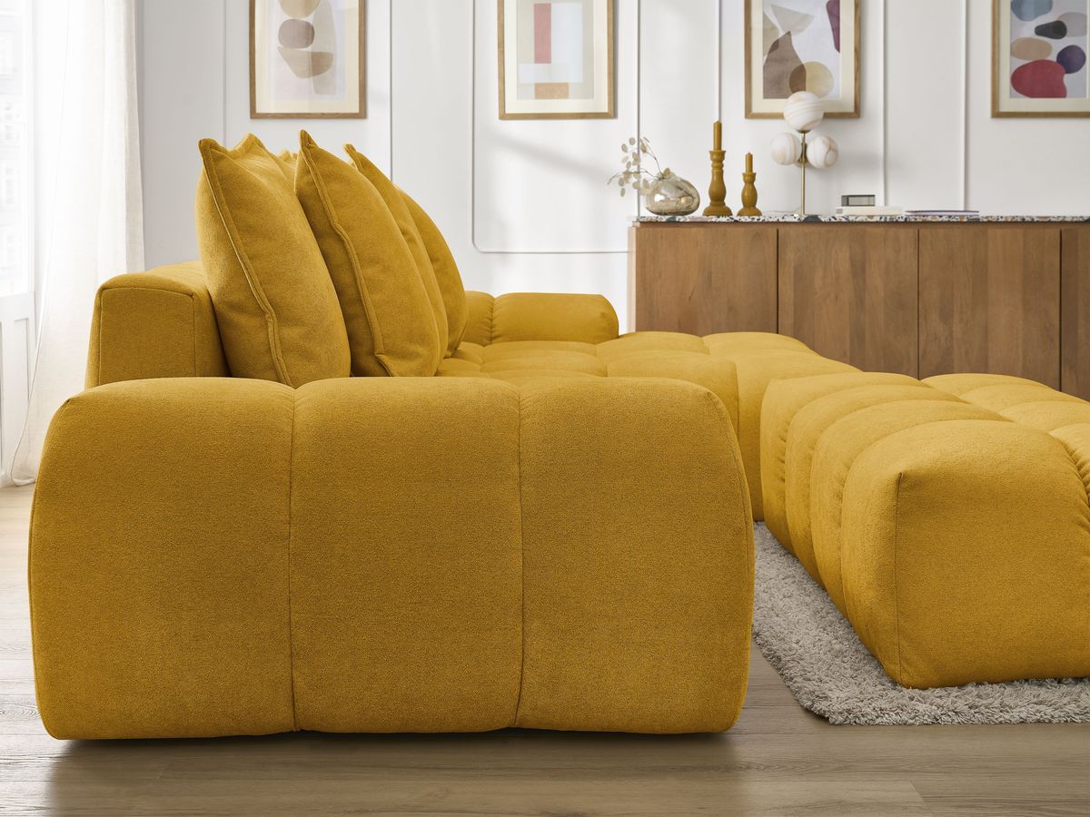 Bobochic Everest Ecksofa mit Schlaffunktion und Bettkasten und Pouf 318 × 180 cm, 7 Kissen Strukturstoff Gelb Ecke rechts