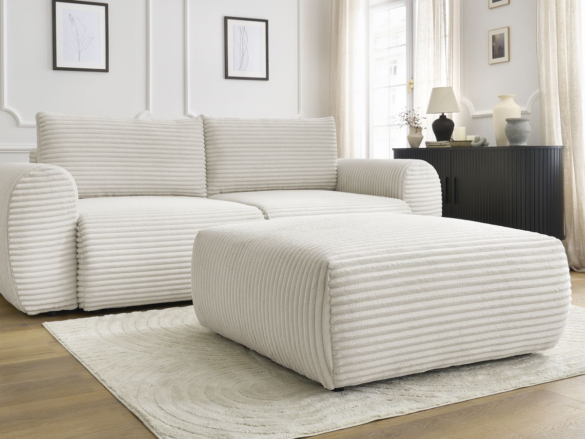 Bobochic Lucien Schlafsofa 4-Sitzer mit Bettkasten und Pouf Breitcord weich Beige
