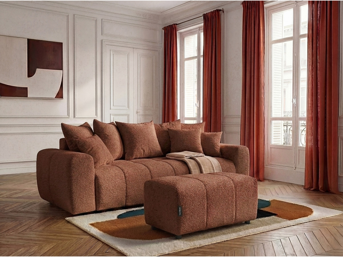 Bobochic Roxelane Schlafsofa 3-Sitzer mit Bettkasten und Pouf Bouclé-Stoff Orange