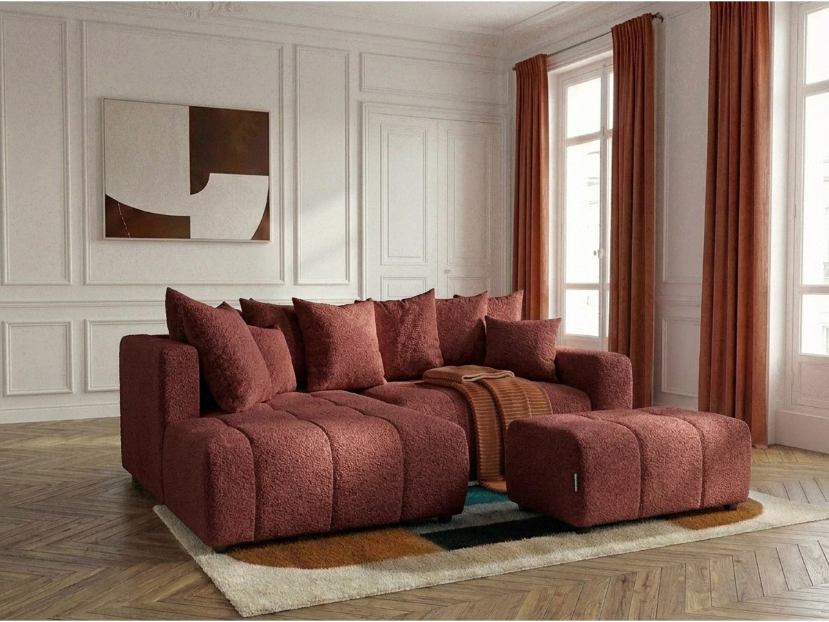 Bobochic Roxelane Ecksofa mit Schlaffunktion und Bettkasten und Pouf Bouclé-Stoff Rot Ecke links