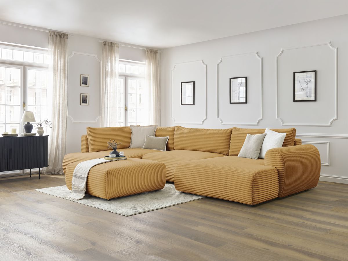 Bobochic Lucien Wohnlandschaft mit Pouf Breitcord weich Gelb Ecke rechts