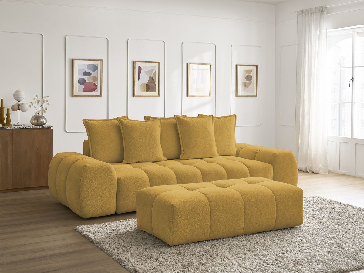 Bobochic Everest Schlafsofa 3-Sitzer mit Bettkasten und Pouf, 5 Kissen Melange-Stoff Gelb