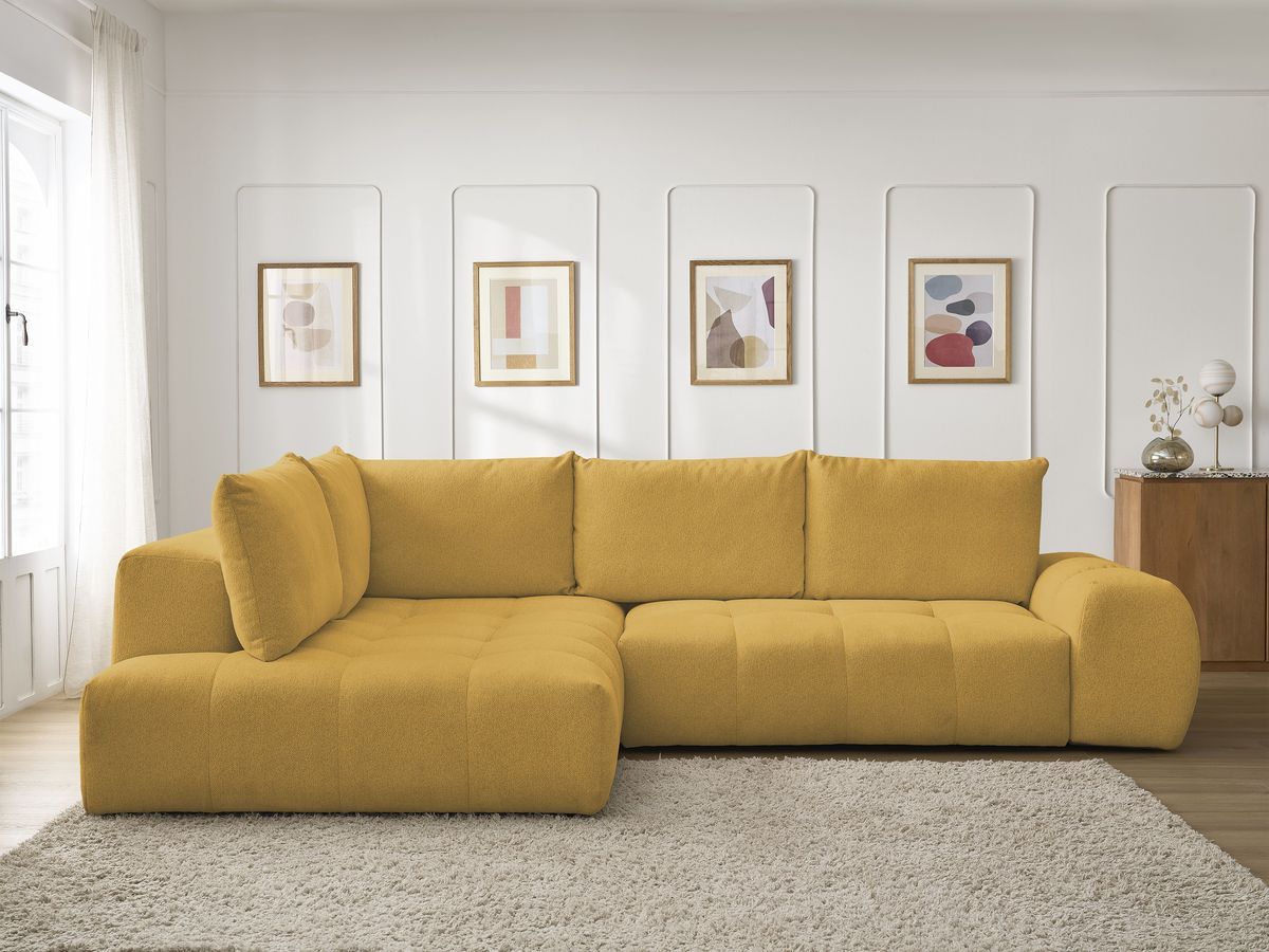 Bobochic Everest Ecksofa mit Schlaffunktion und Bettkasten 320 × 212 cm, 5 Kissen Melange-Stoff Gelb Ecke links