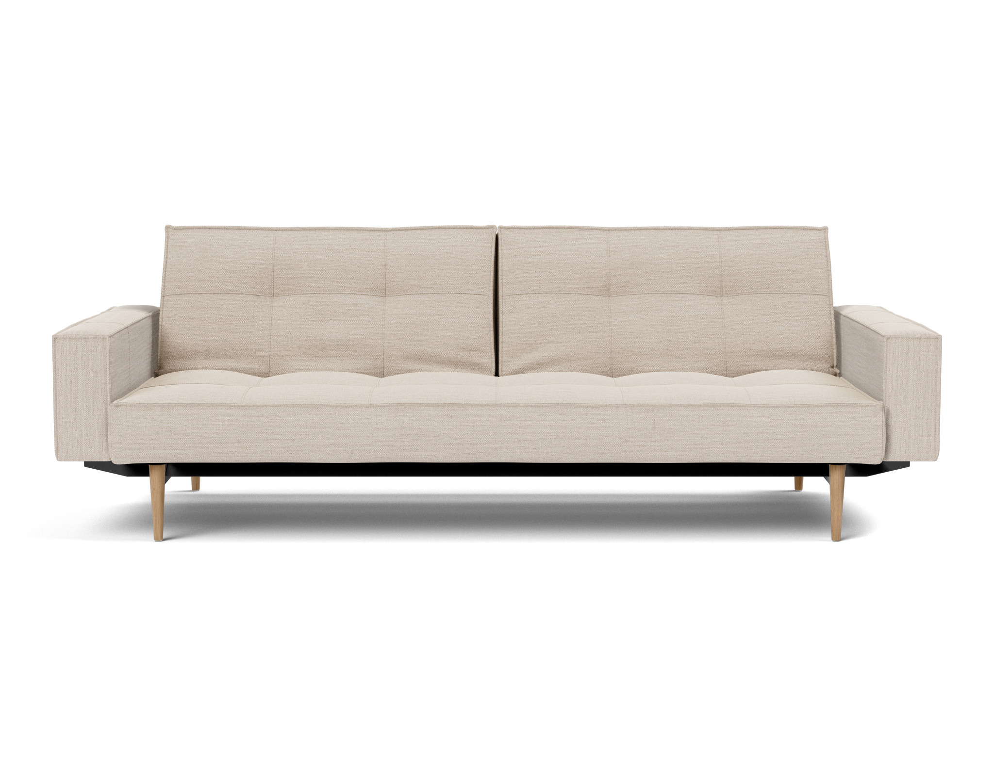 Schlafsofa Splitback mit Armlehnen Webstoff Blida 612-Sand-Grey Beine Styletto Eiche hell