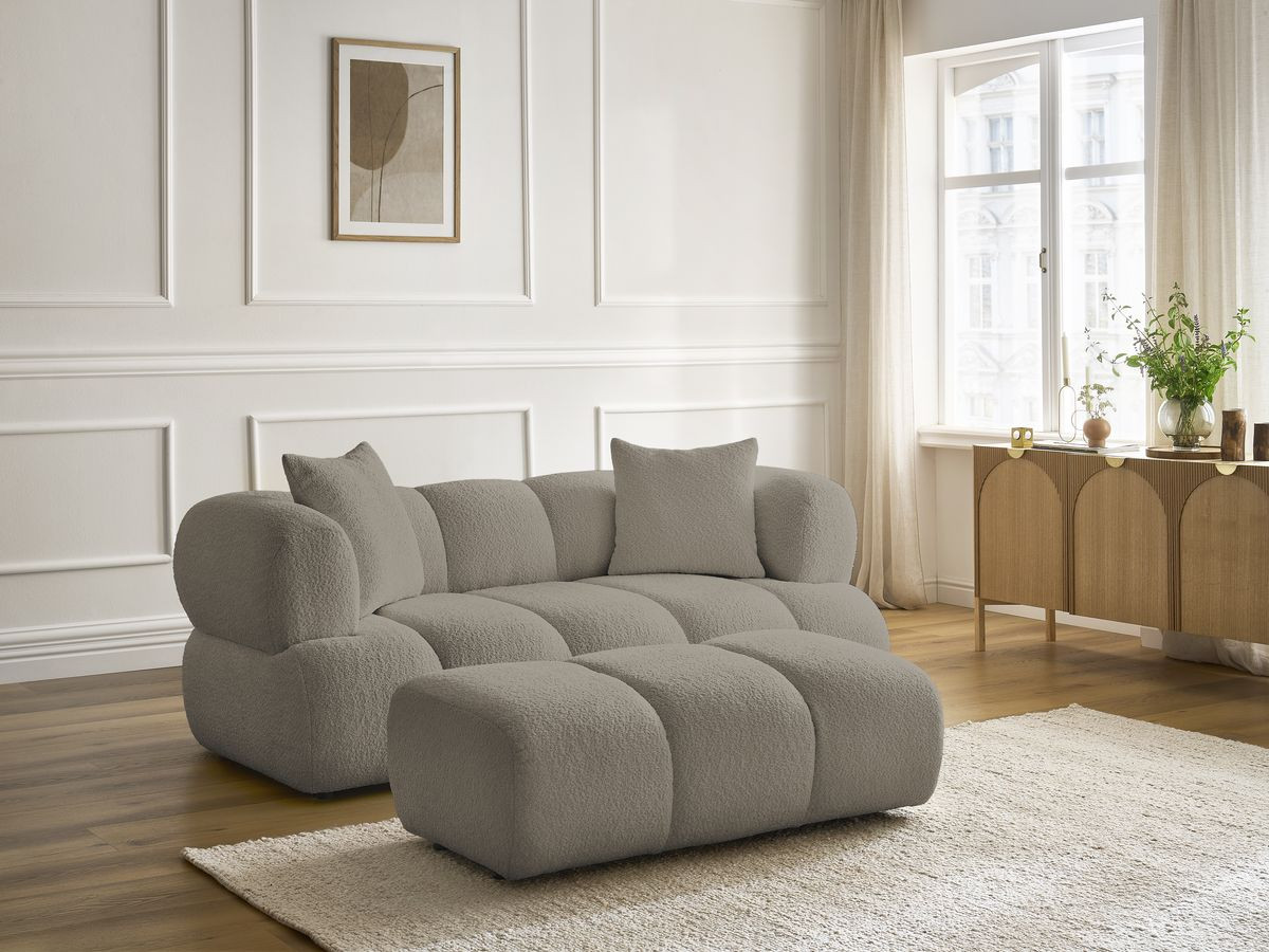 Bobochic Pamira Sofa 2-Sitzer mit Pouf Bouclé-Stoff Taupe