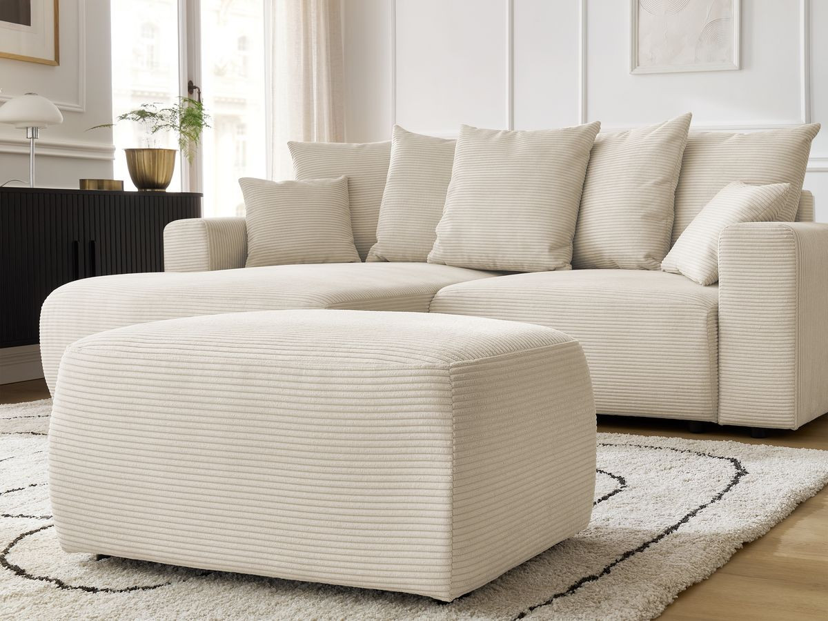 Bobochic Atilla Ecksofa mit Schlaffunktion und Bettkasten und Pouf Cordsamt Beige Ecke links