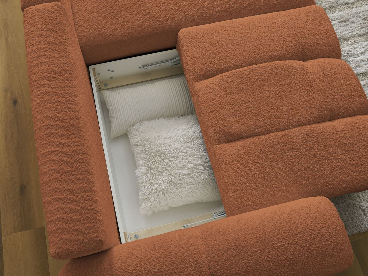 Bobochic Roxelane Ecksofa mit Schlaffunktion und Bettkasten und Pouf 258 × 150 cm Bouclé-Stoff Orange Ecke rechts