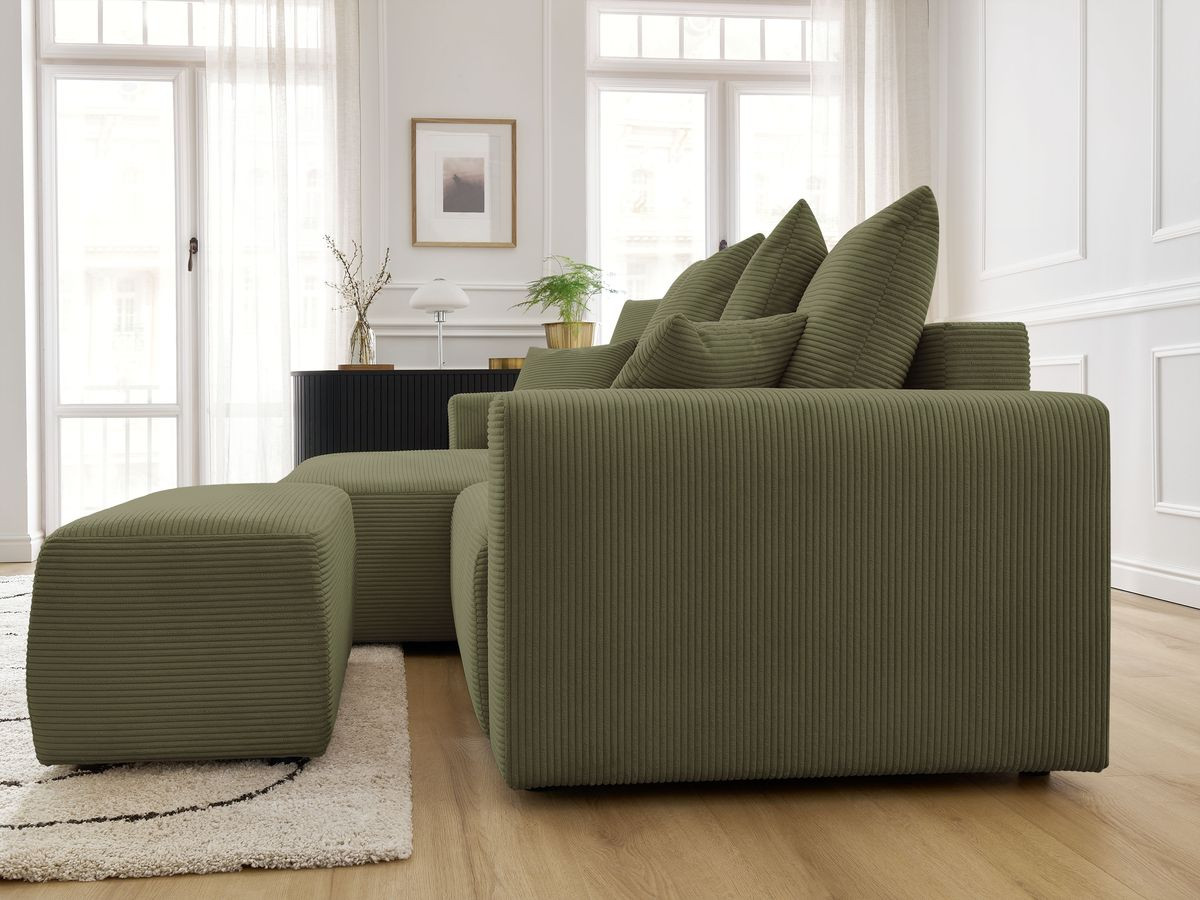 Bobochic Atilla Ecksofa mit Schlaffunktion und Bettkasten und Pouf Cordsamt Hellgrün Ecke links