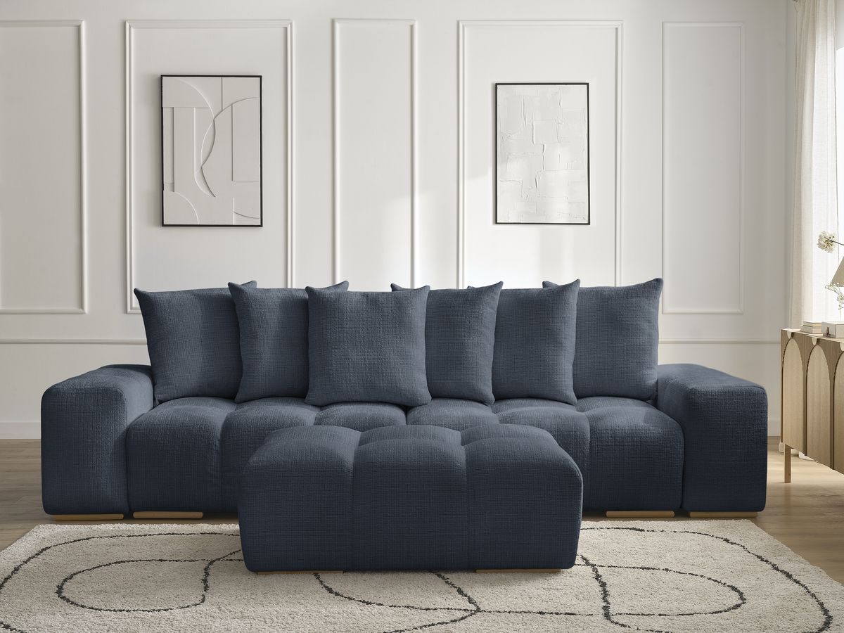 Bobochic Anakin Schlafsofa 3-Sitzer mit Bettkasten und Pouf, 6 Kissen Strukturstoff Dunkelblau