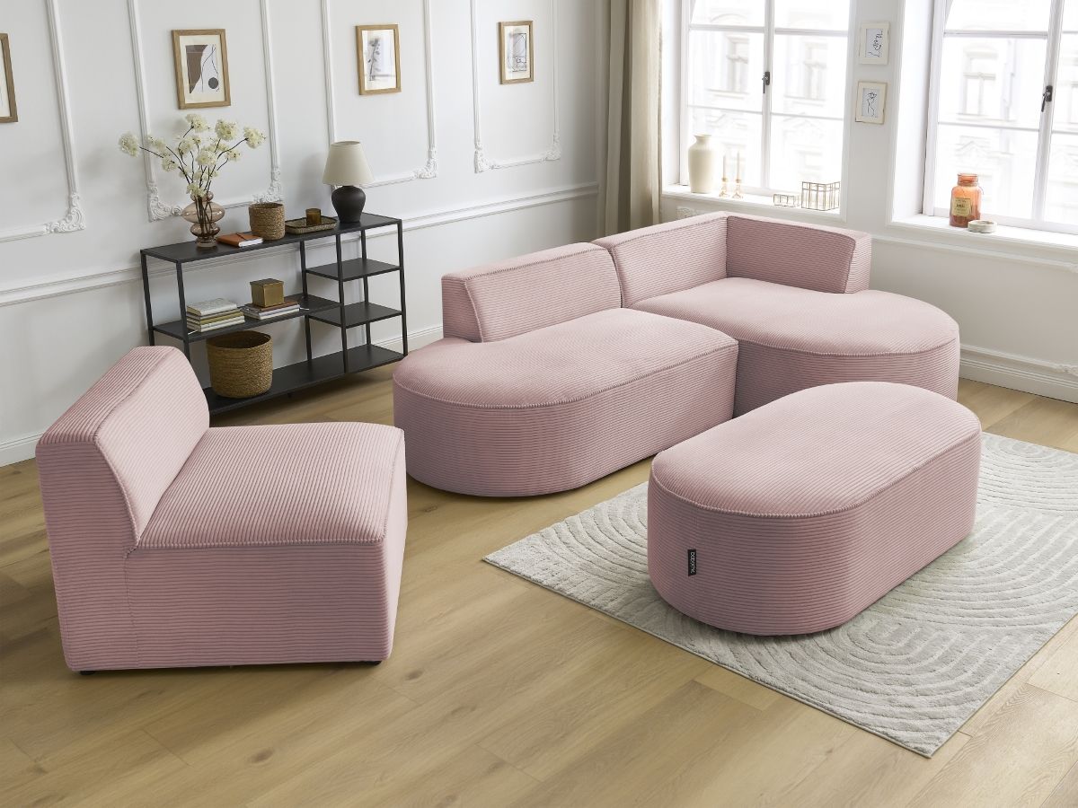 Bobochic Rousseau Ecksofa mit Sofamodul und Pouf Cordsamt Violett Ecke rechts