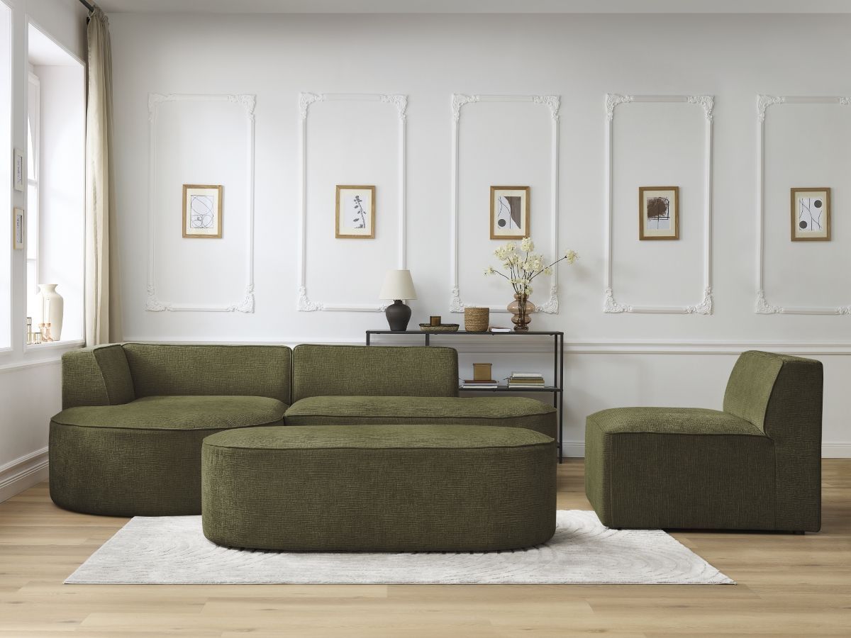 Bobochic Rousseau Ecksofa mit Sofamodul und Pouf Strukturstoff Grün Ecke links