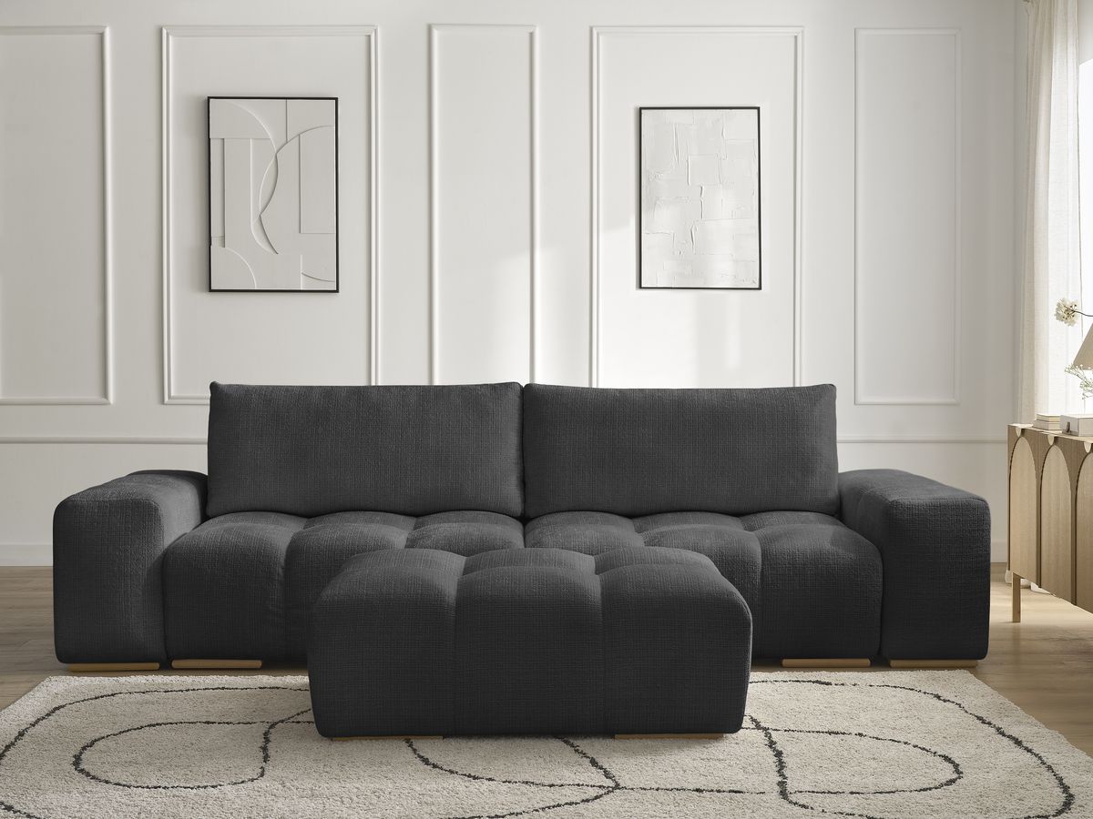 Bobochic Anakin Schlafsofa 3-Sitzer mit Bettkasten und Pouf, 2 Kissen Strukturstoff Schwarz