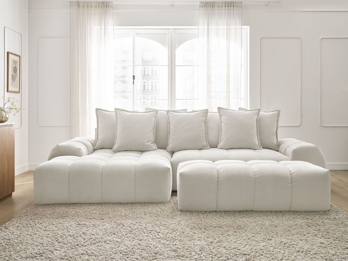 Bobochic Everest Ecksofa mit Schlaffunktion und Bettkasten und Pouf 318 × 180 cm, 7 Kissen Strukturstoff Weiß Ecke links