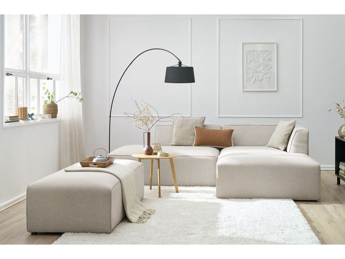 Bobochic Megeve Ecksofa mit Schlaffunktion und Pouf Melange-Stoff Beige Ecke rechts