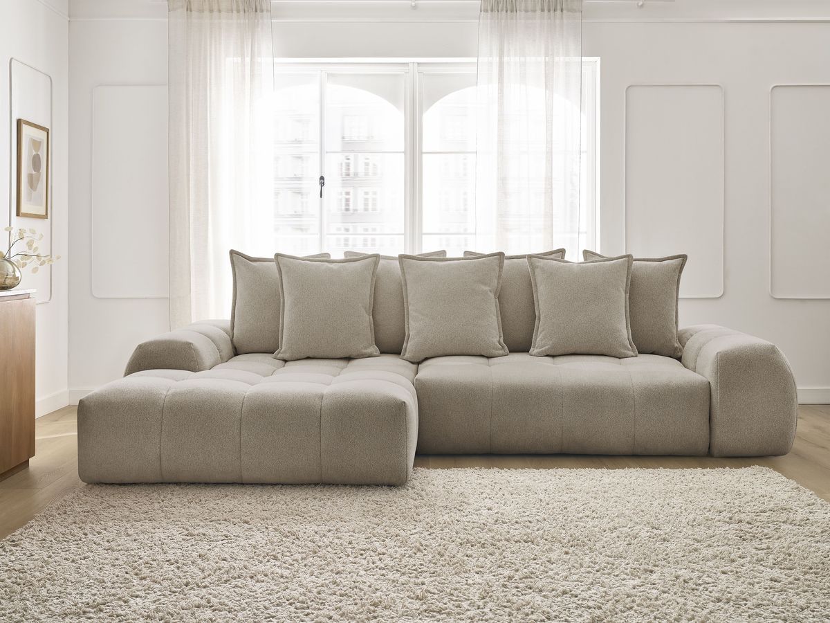 Bobochic Everest Ecksofa mit Schlaffunktion und Bettkasten 318 × 180 cm, 7 Kissen Melange-Stoff Taupe Ecke links